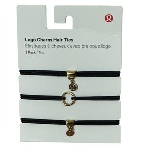 Lululemon Logo Charm Hair Ties Black & Gold 3 Pack Ponytail Holders Gift NEW NWT